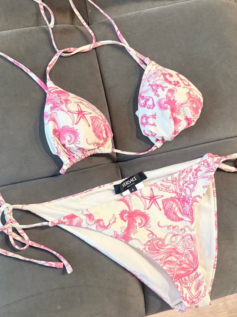 Versace Cream and Pink Printed Triangle Bikini Top